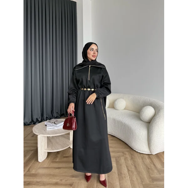 Özder Ön Fermuarlı Scuba Elbise - Siyah