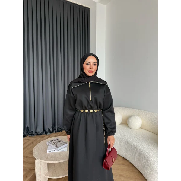 Özder Ön Fermuarlı Scuba Elbise - Siyah