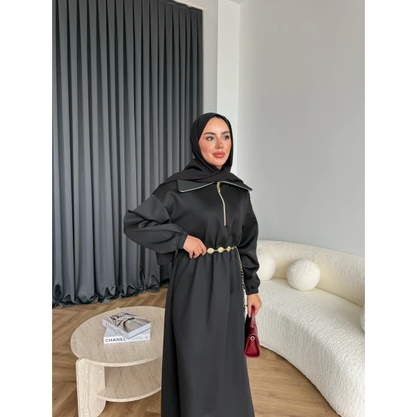 Özder Ön Fermuarlı Scuba Elbise - Siyah