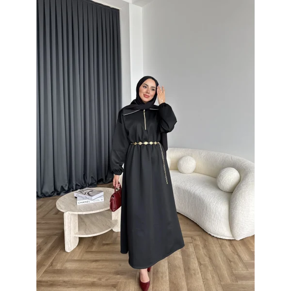 Özder Ön Fermuarlı Scuba Elbise - Siyah