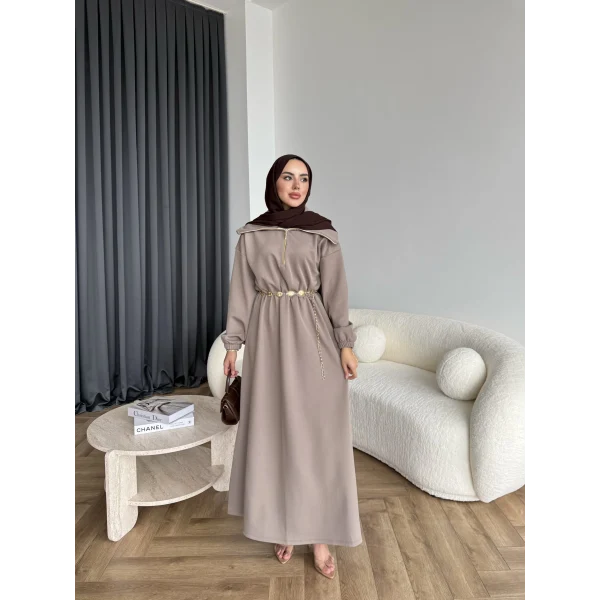 Özder Ön Fermuarlı Scuba Elbise - Sütlü Kahve