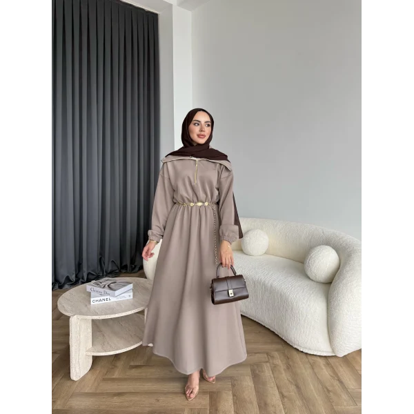 Özder Ön Fermuarlı Scuba Elbise - Sütlü Kahve