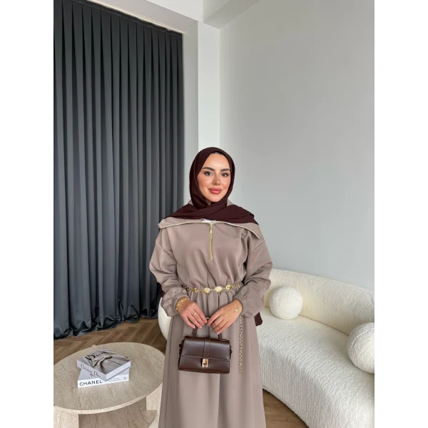 Özder Ön Fermuarlı Scuba Elbise - Sütlü Kahve