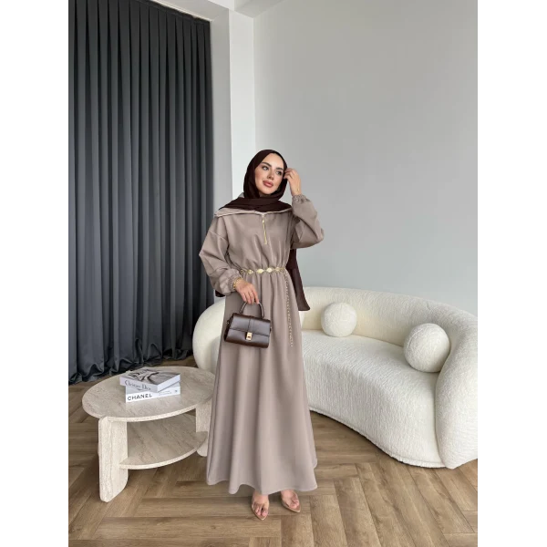 Özder Ön Fermuarlı Scuba Elbise - Sütlü Kahve