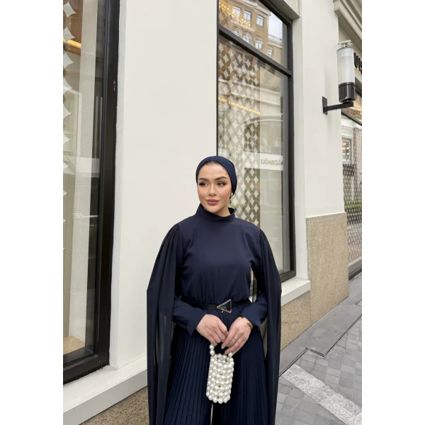 Pelerinli Piliseli Tasarım Tulum - Lacivert