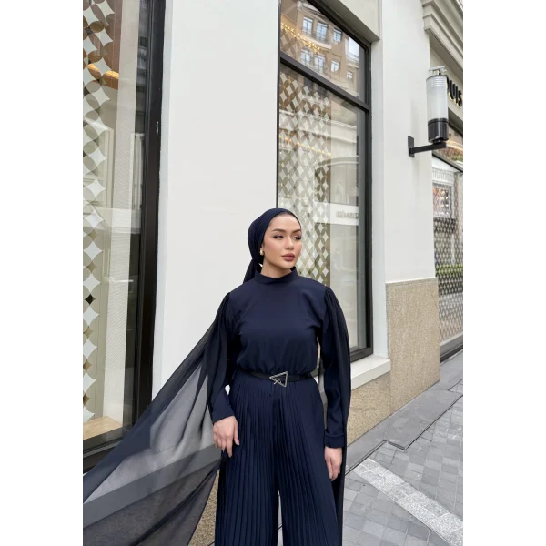 Pelerinli Piliseli Tasarım Tulum - Lacivert