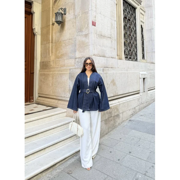 Peren Kemer Detaylı Kot Ceket - Mavi