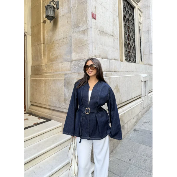 Peren Kemer Detaylı Kot Ceket - Mavi