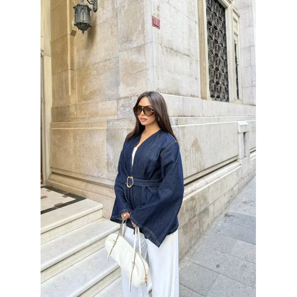 Peren Kemer Detaylı Kot Ceket - Mavi