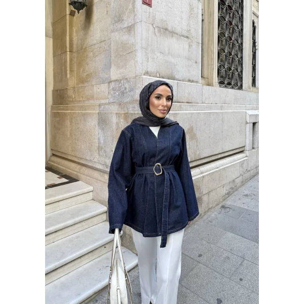 Peren Kemer Detaylı Kot Ceket - Mavi