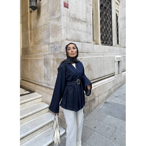 Peren Kemer Detaylı Kot Ceket - Mavi