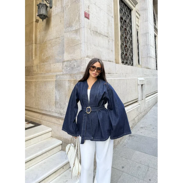 Peren Kemer Detaylı Kot Ceket - Mavi