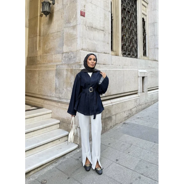 Peren Kemer Detaylı Kot Ceket - Mavi