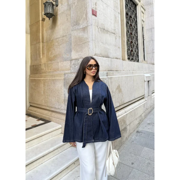 Peren Kemer Detaylı Kot Ceket - Mavi