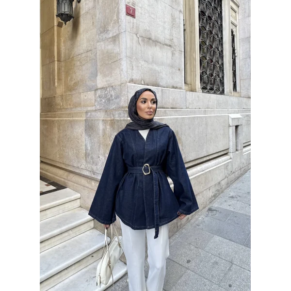 Peren Kemer Detaylı Kot Ceket - Mavi