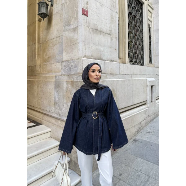 Peren Kemer Detaylı Kot Ceket - Mavi