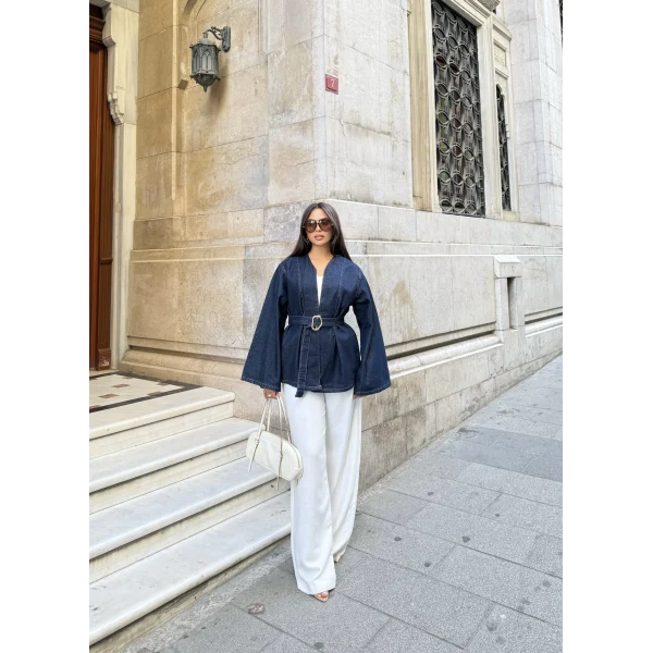 Peren Kemer Detaylı Kot Ceket - Mavi