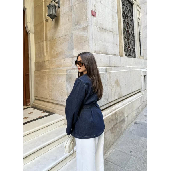 Peren Kemer Detaylı Kot Ceket - Mavi