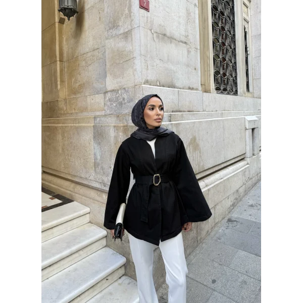 Peren Kemer Detaylı Kot Ceket - Siyah