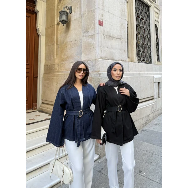 Peren Kemer Detaylı Kot Ceket - Siyah