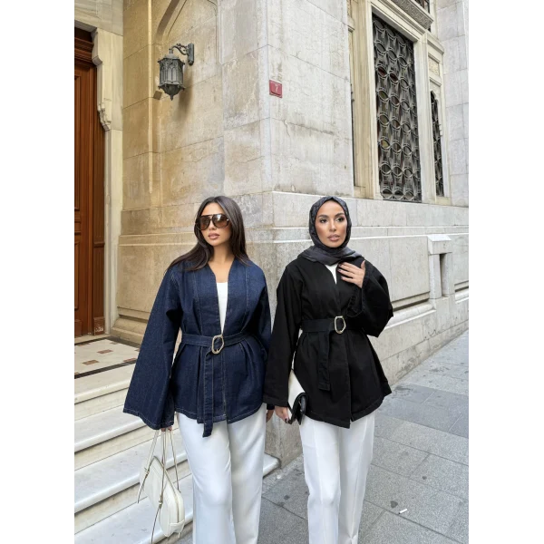 Peren Kemer Detaylı Kot Ceket - Siyah