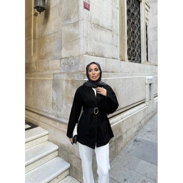 Peren Kemer Detaylı Kot Ceket - Siyah