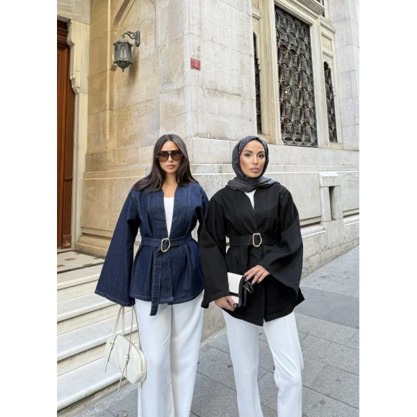 Peren Kemer Detaylı Kot Ceket - Siyah