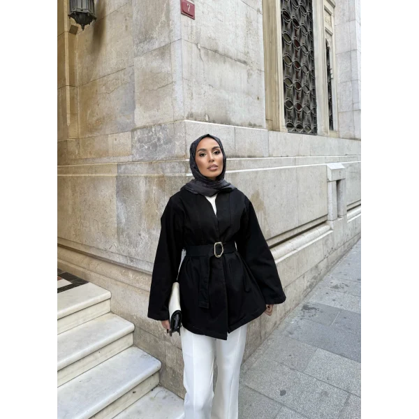 Peren Kemer Detaylı Kot Ceket - Siyah