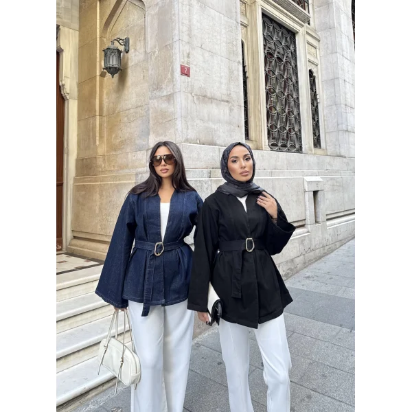 Peren Kemer Detaylı Kot Ceket - Siyah