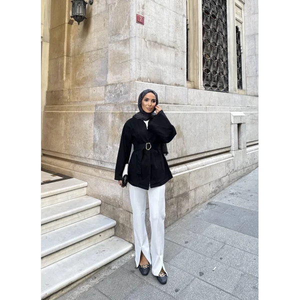 Peren Kemer Detaylı Kot Ceket - Siyah