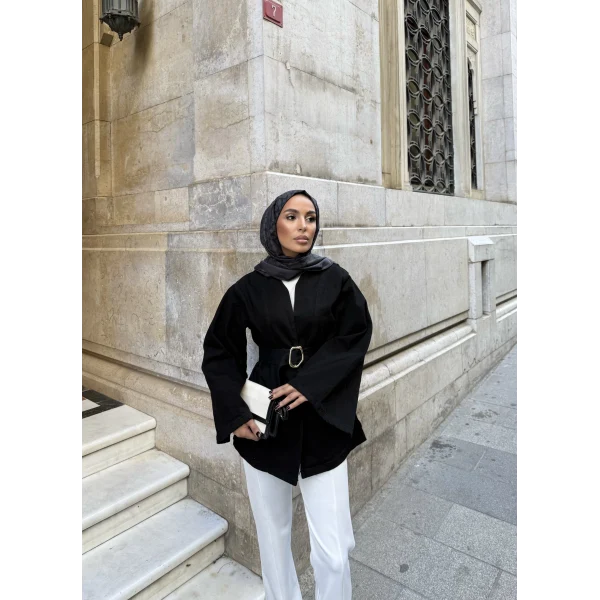 Peren Kemer Detaylı Kot Ceket - Siyah