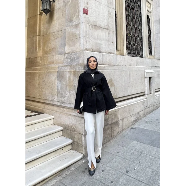 Peren Kemer Detaylı Kot Ceket - Siyah