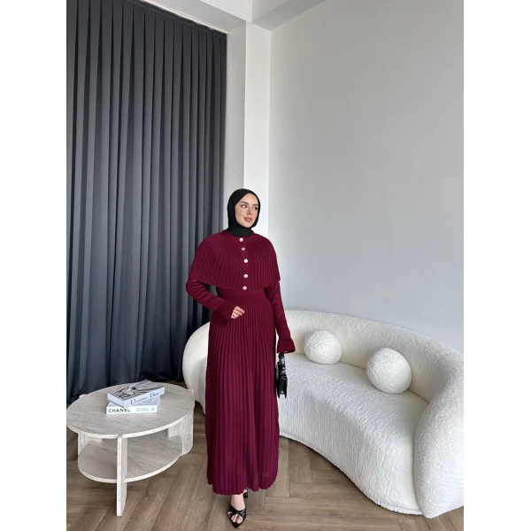 Piliseli Triko Elbise - Bordo