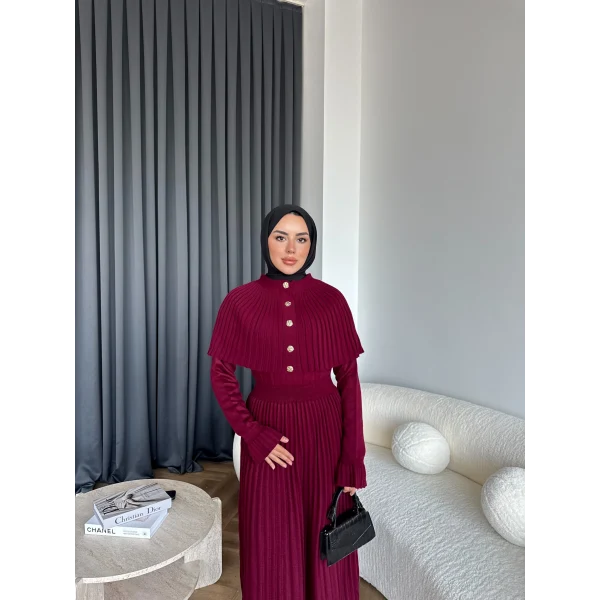 Piliseli Triko Elbise - Bordo