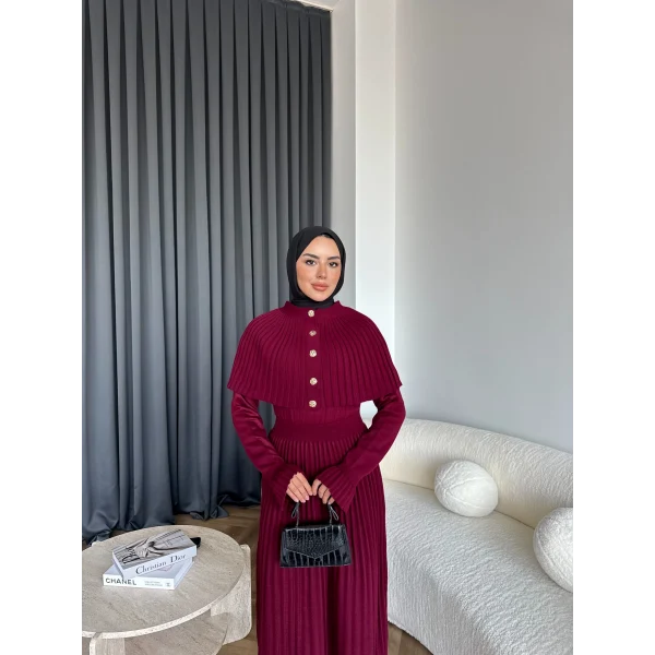 Piliseli Triko Elbise - Bordo