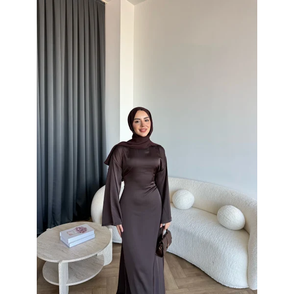 Pln- Aslıhan Saten Elbise - Acı Kahve