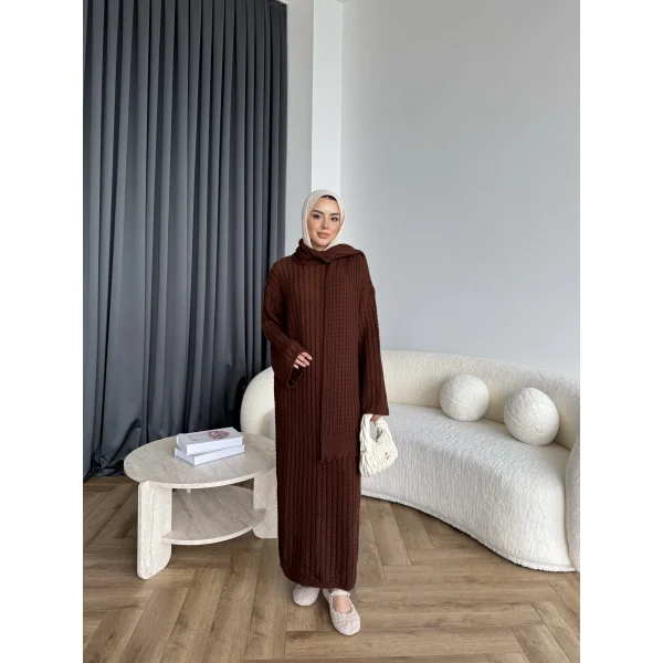 Pln-Atkı Örgü Triko Elbise - Acı Kahve