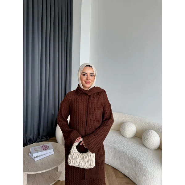 Pln-Atkı Örgü Triko Elbise - Acı Kahve