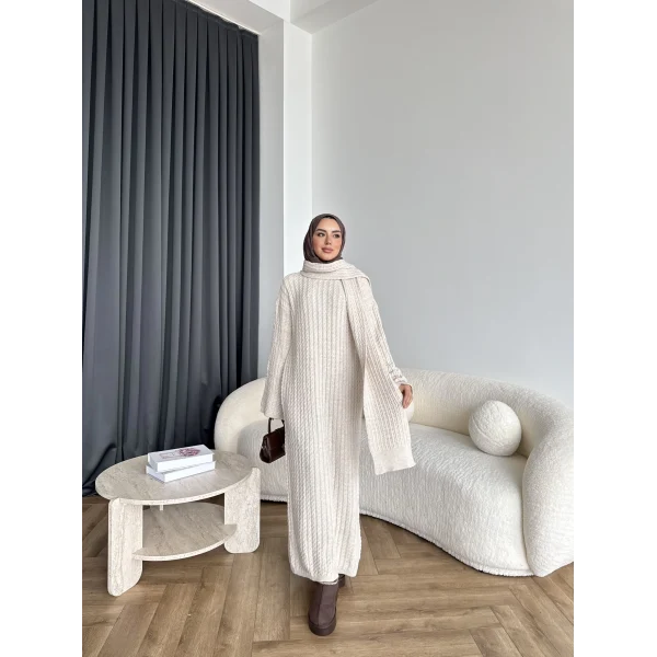 Pln-Atkı Örgü Triko Elbise - Bej