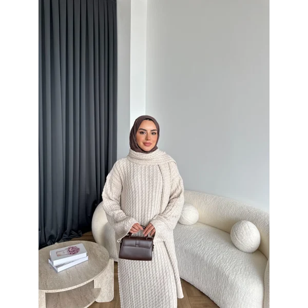 Pln-Atkı Örgü Triko Elbise - Bej