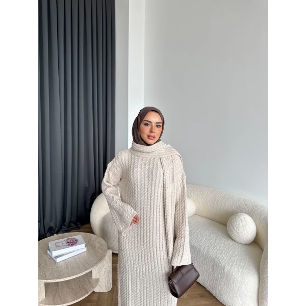 Pln-Atkı Örgü Triko Elbise - Bej