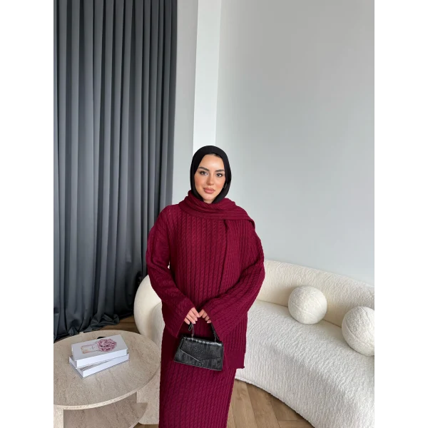 Pln-Atkı Örgü Triko Elbise - Bordo