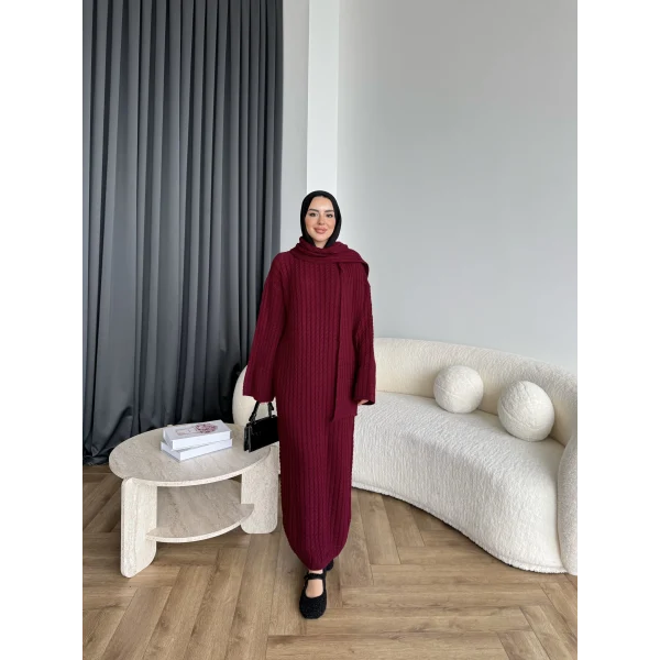 Pln-Atkı Örgü Triko Elbise - Bordo