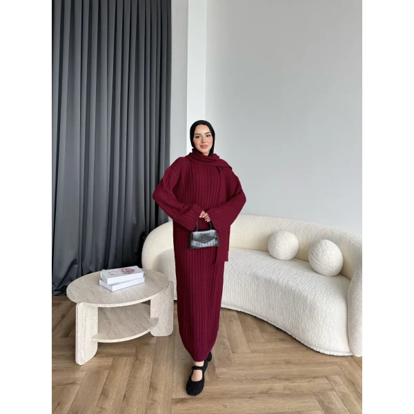 Pln-Atkı Örgü Triko Elbise - Bordo