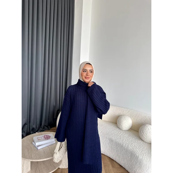 Pln-Atkı Örgü Triko Elbise - Lacivert