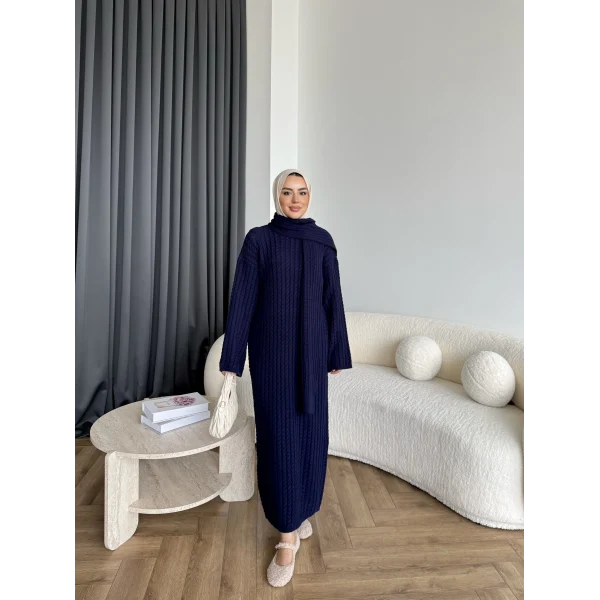 Pln-Atkı Örgü Triko Elbise - Lacivert