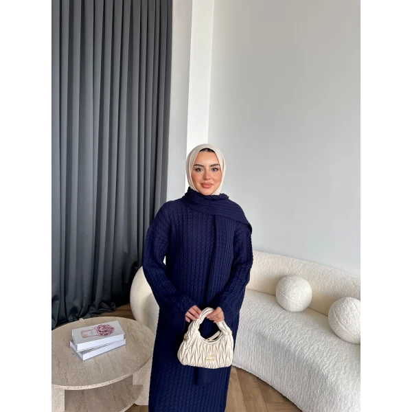 Pln-Atkı Örgü Triko Elbise - Lacivert