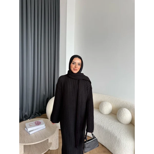 Pln-Atkı Örgü Triko Elbise - Siyah