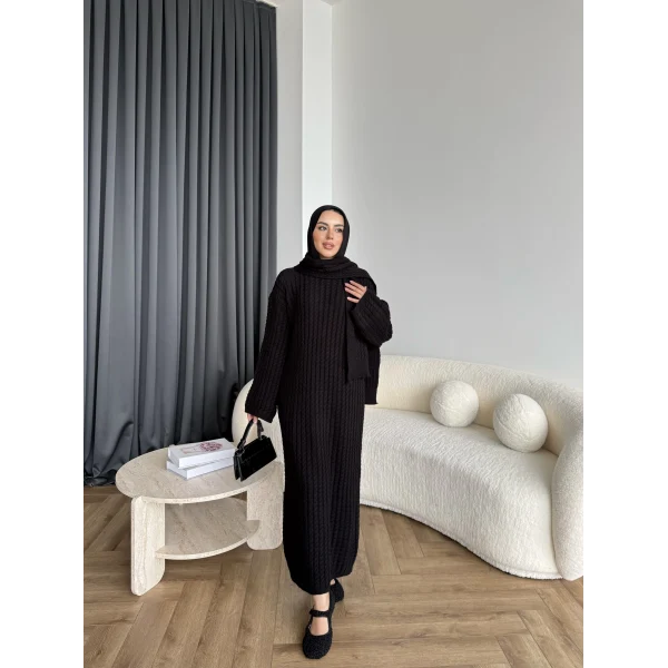 Pln-Atkı Örgü Triko Elbise - Siyah