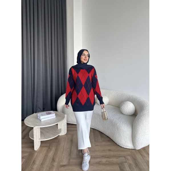 Pls-Baklava Desen Triko Kazak - Bordo